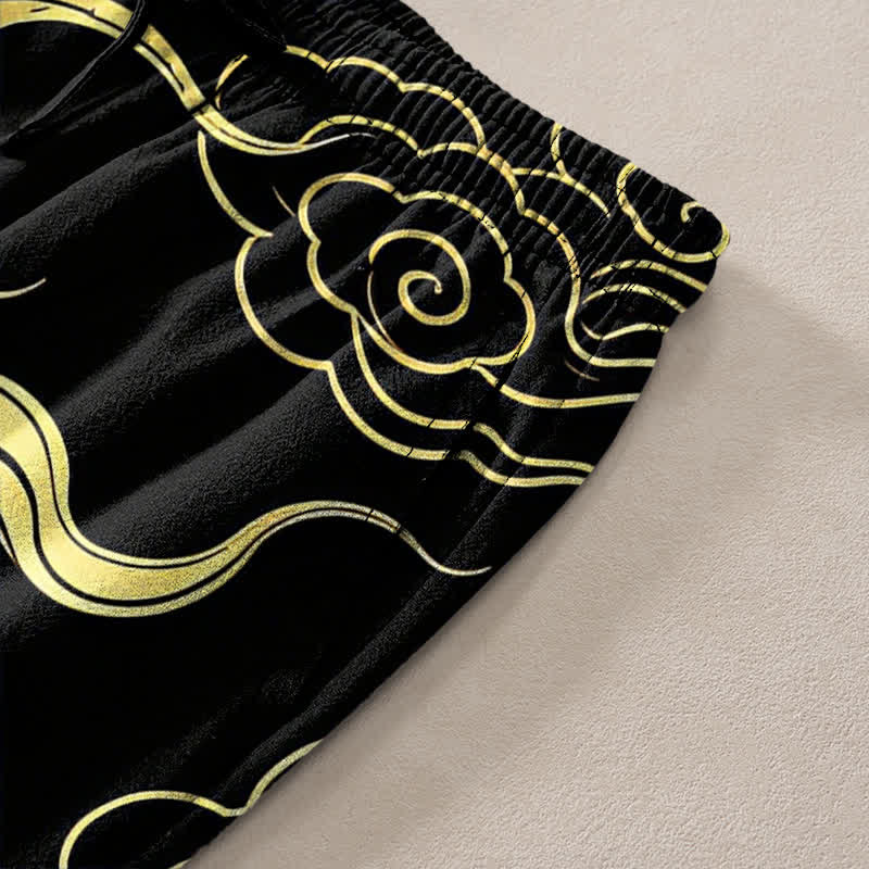 Buddha Stones Cotton Golden Dragon Auspicious Clouds Pattern Men's Tapered Pants With Pockets - image 2