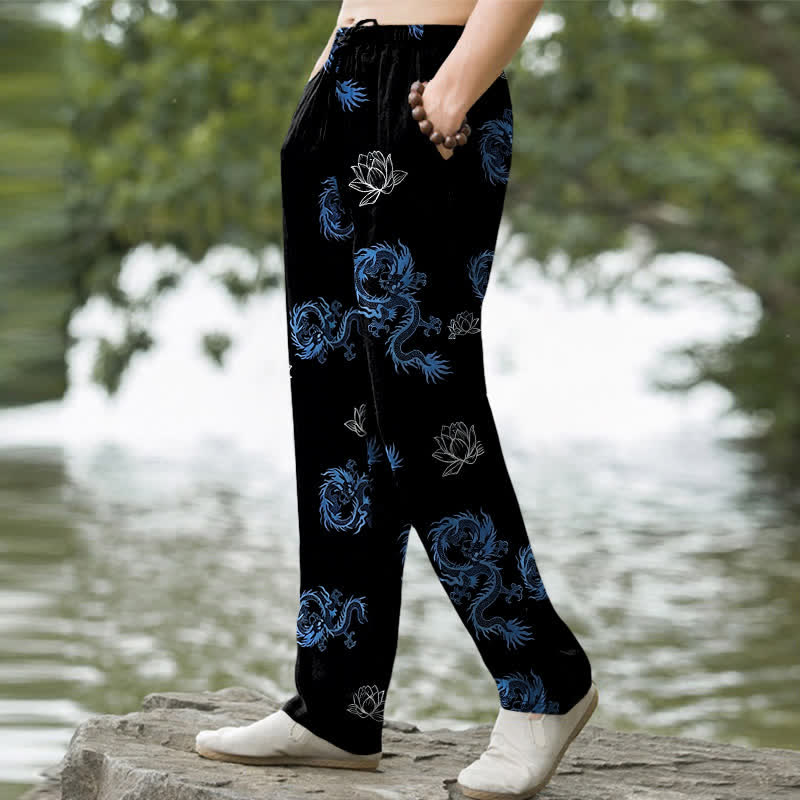 Buddha Stones Cotton Dragon Lotus Pattern Men's Tapered Pants With Pockets - image 1