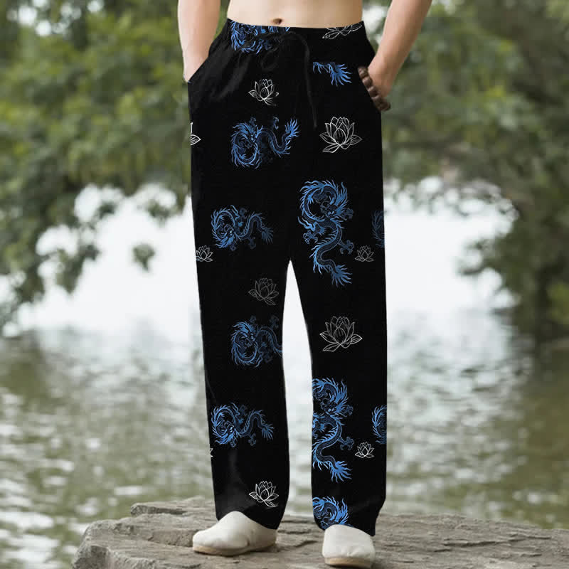 Buddha Stones Cotton Dragon Lotus Pattern Men's Tapered Pants With Pockets - Black - US/UK/AU50，EU60 (5XL) - image 0