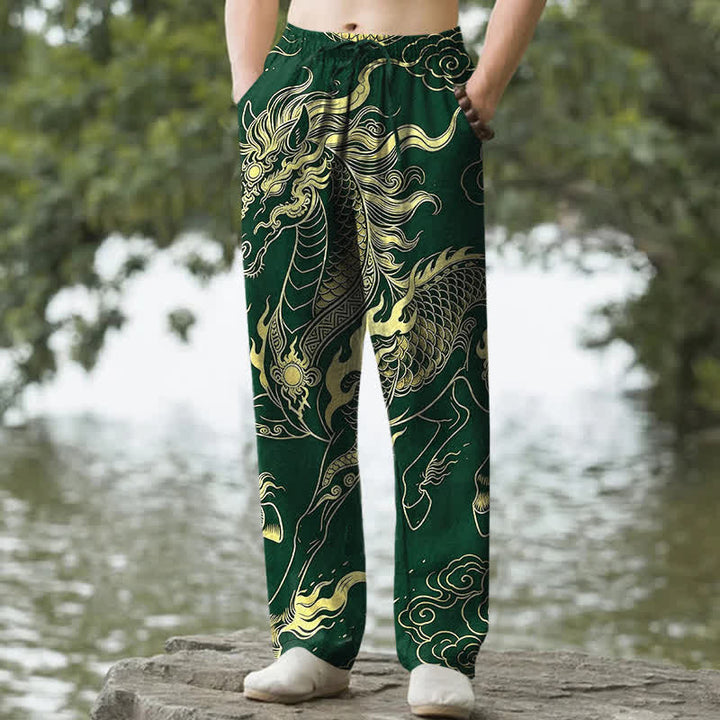 Buddha Stones Cotton Golden Dragon Auspicious Clouds Pattern Men's Tapered Pants With Pockets - ForestGreen - US/UK/AU50，EU60 (5XL) - image 4