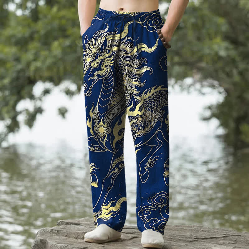 Buddha Stones Cotton Golden Dragon Auspicious Clouds Pattern Men's Tapered Pants With Pockets - Navy - US/UK/AU50，EU60 (5XL) - image 6