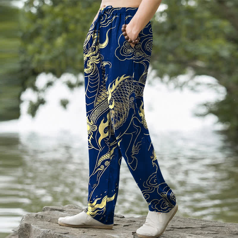Buddha Stones Cotton Golden Dragon Auspicious Clouds Pattern Men's Tapered Pants With Pockets - image 7