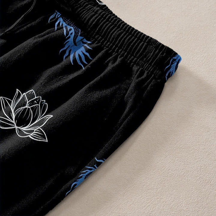 Buddha Stones Cotton Dragon Lotus Pattern Men's Tapered Pants With Pockets - image 2