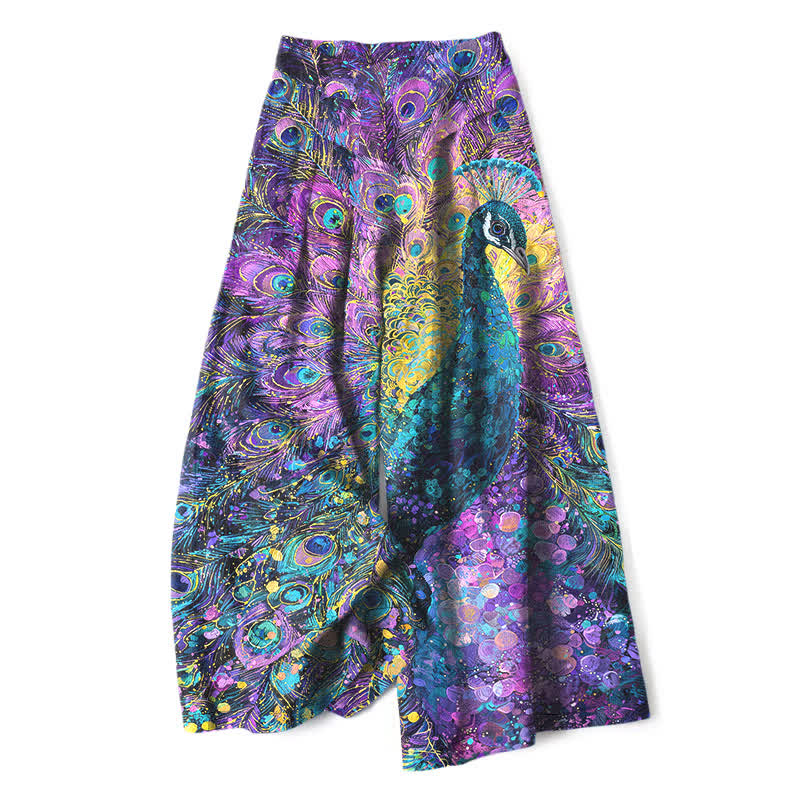 Buddha Stones Cotton Linen Peacock Feather Pattern Women's Elastic Waist Wide Leg Pants With Pockets - BlueViolet - US16，UK/AU20，EU48 (3XL) - image 0