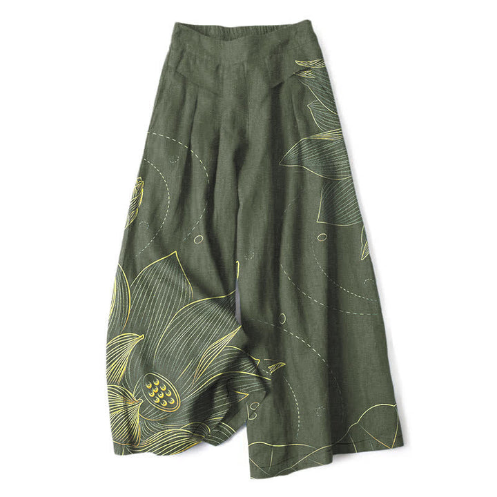 Buddha Stones Cotton Linen Lotus Line Art Pattern Women's Elastic Waist Wide Leg Pants With Pockets - DarkOliveGreen - US16，UK/AU20，EU48 (3XL) - image 4