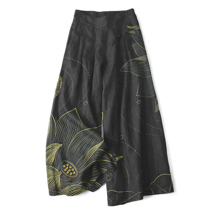 Buddha Stones Cotton Linen Lotus Line Art Pattern Women's Elastic Waist Wide Leg Pants With Pockets - Black - US16，UK/AU20，EU48 (3XL) - image 6