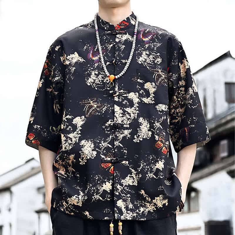 Buddha Stones Summer Tang Style Frog Button Floral Leaves Butterfly Print Men's Elbow-Length Sleeve Shirt With Chest Pocket - image 1