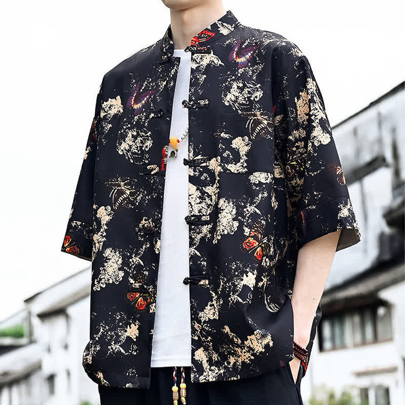 Buddha Stones Summer Tang Style Frog Button Floral Leaves Butterfly Print Men's Elbow-Length Sleeve Shirt With Chest Pocket - image 0