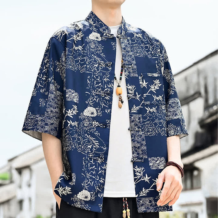 Buddha Stones Summer Tang Style Frog Button Floral Leaves Butterfly Print Men's Elbow-Length Sleeve Shirt With Chest Pocket - image 12
