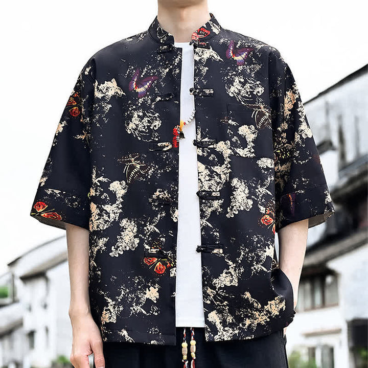 Buddha Stones Summer Tang Style Frog Button Floral Leaves Butterfly Print Men's Elbow-Length Sleeve Shirt With Chest Pocket - Black - US/UK/AU46，EU56 (5XL) - image 2