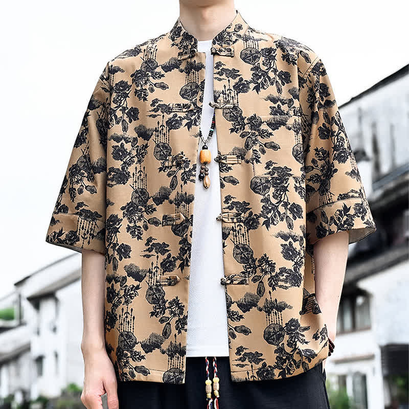 Buddha Stones Summer Tang Style Frog Button Floral Leaves Butterfly Print Men's Elbow-Length Sleeve Shirt With Chest Pocket - image 15
