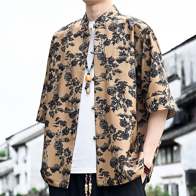 Buddha Stones Summer Tang Style Frog Button Floral Leaves Butterfly Print Men's Elbow-Length Sleeve Shirt With Chest Pocket - BurlyWood - US/UK/AU46，EU56 (5XL) - image 13