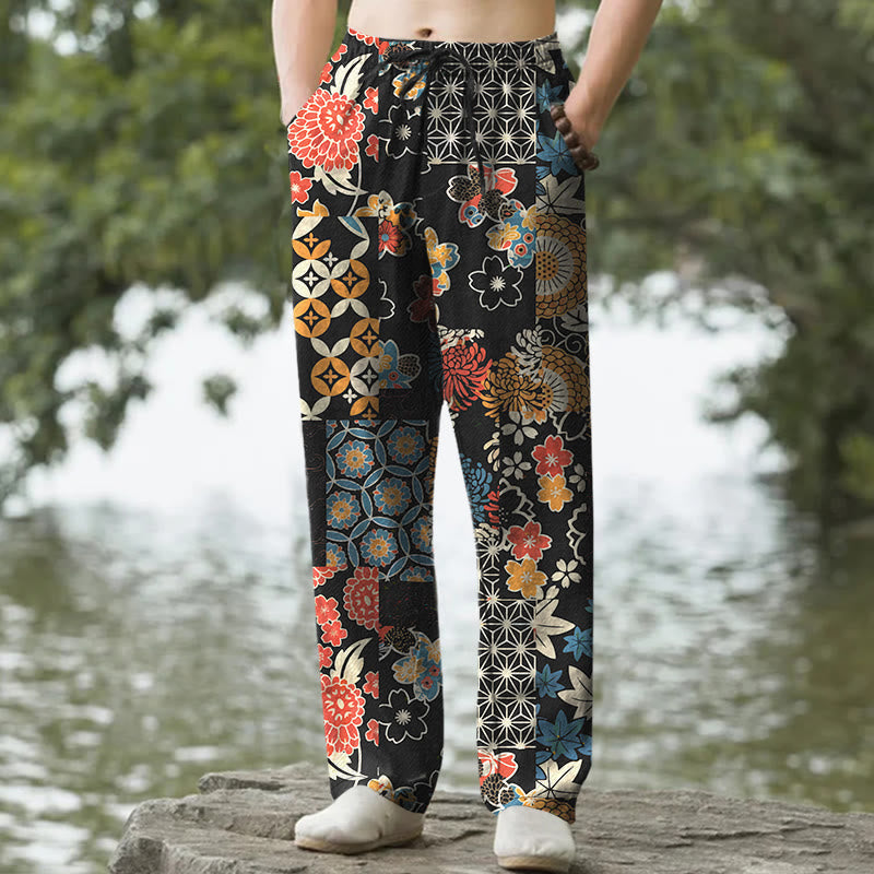 Buddha Stones Cotton Bohemian Floral Patchwork Pattern Men's Tapered Pants With Pockets - Black - US/UK/AU50，EU60 (5XL) - image 0