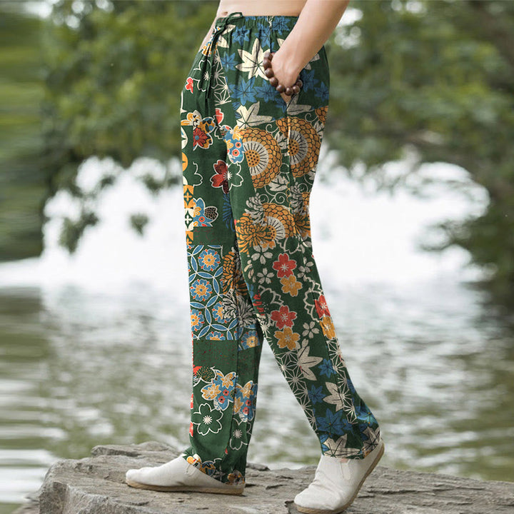 Buddha Stones Cotton Bohemian Floral Patchwork Pattern Men's Tapered Pants With Pockets - image 5