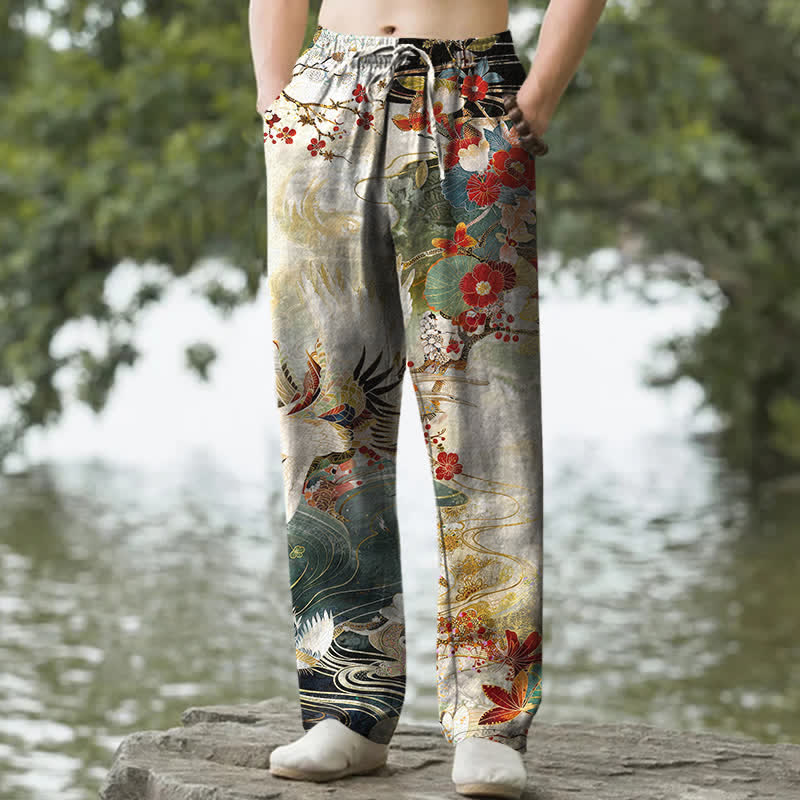 Buddha Stones Cotton White Crane Wave Pattern Men's Tapered Pants With Pockets - Beige - US/UK/AU50，EU60 (5XL) - image 0