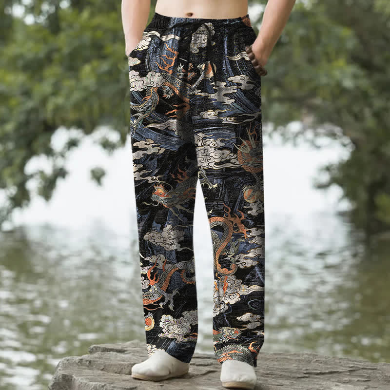 Buddha Stones Cotton Dragon Cloud Pattern Men's Tapered Pants With Pockets - Black - US/UK/AU50，EU60 (5XL) - image 0