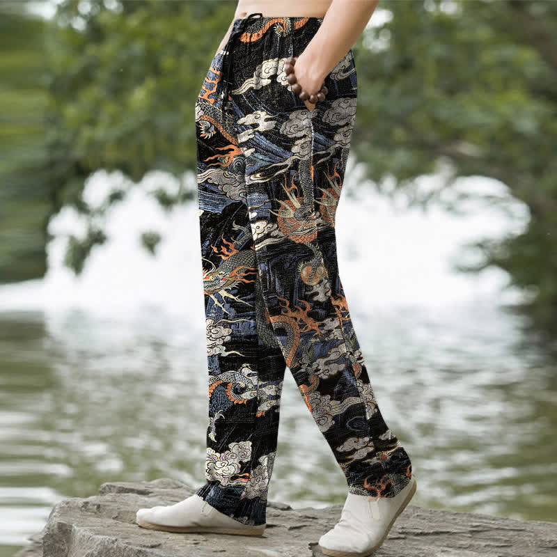 Buddha Stones Cotton Dragon Cloud Pattern Men's Tapered Pants With Pockets - image 1