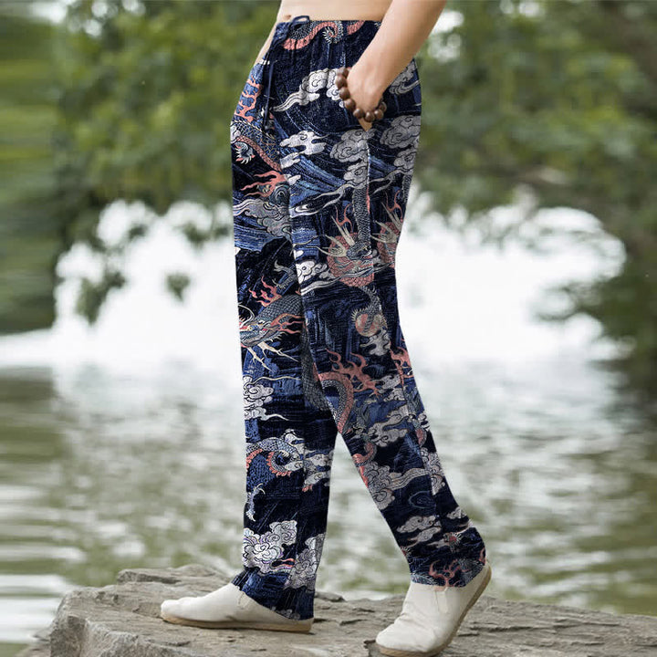 Buddha Stones Cotton Dragon Cloud Pattern Men's Tapered Pants With Pockets - image 5