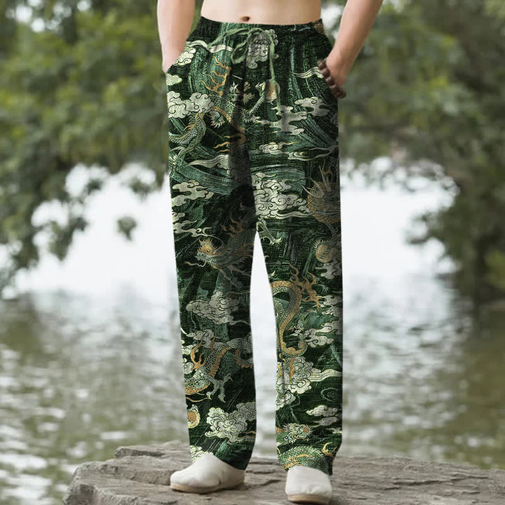 Buddha Stones Cotton Dragon Cloud Pattern Men's Tapered Pants With Pockets - ForestGreen - US/UK/AU50，EU60 (5XL) - image 6