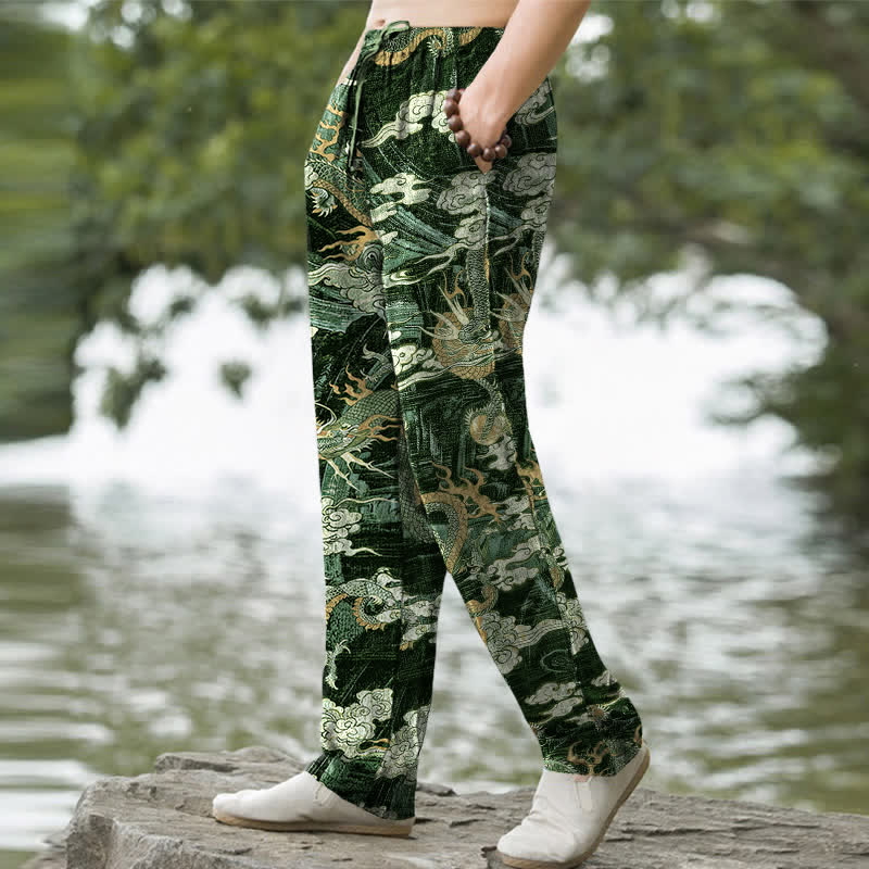 Buddha Stones Cotton Dragon Cloud Pattern Men's Tapered Pants With Pockets - image 7