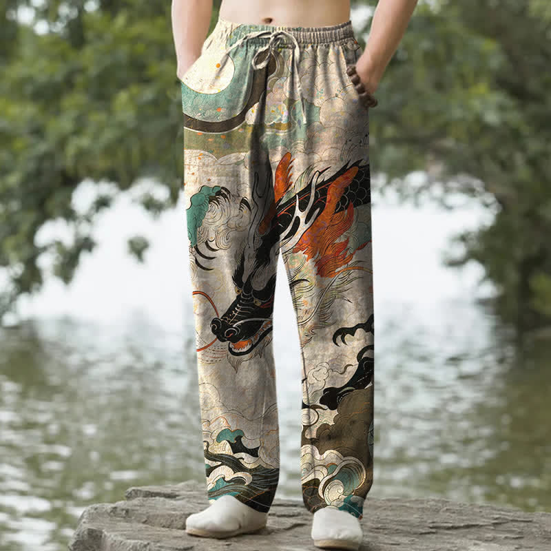 Buddha Stones Cotton Oriental Dragon Wave Pattern Men's Tapered Pants With Pockets - Beige - US/UK/AU50，EU60 (5XL) - image 0