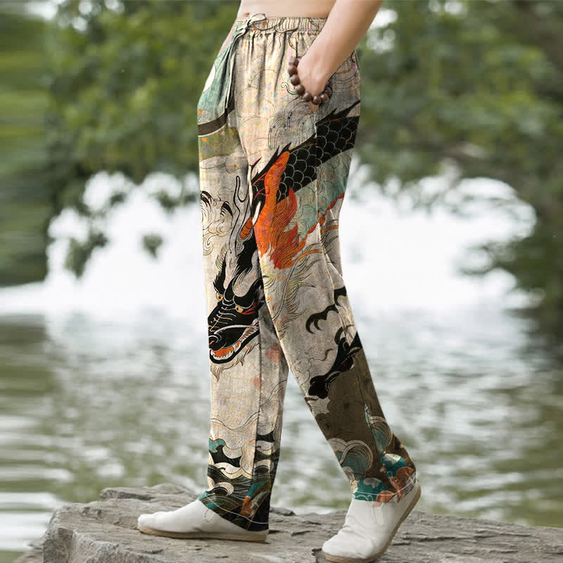 Buddha Stones Cotton Oriental Dragon Wave Pattern Men's Tapered Pants With Pockets - image 1