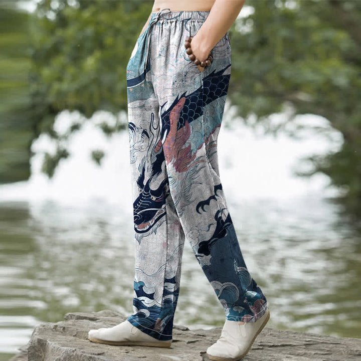 Buddha Stones Cotton Oriental Dragon Wave Pattern Men's Tapered Pants With Pockets - image 5