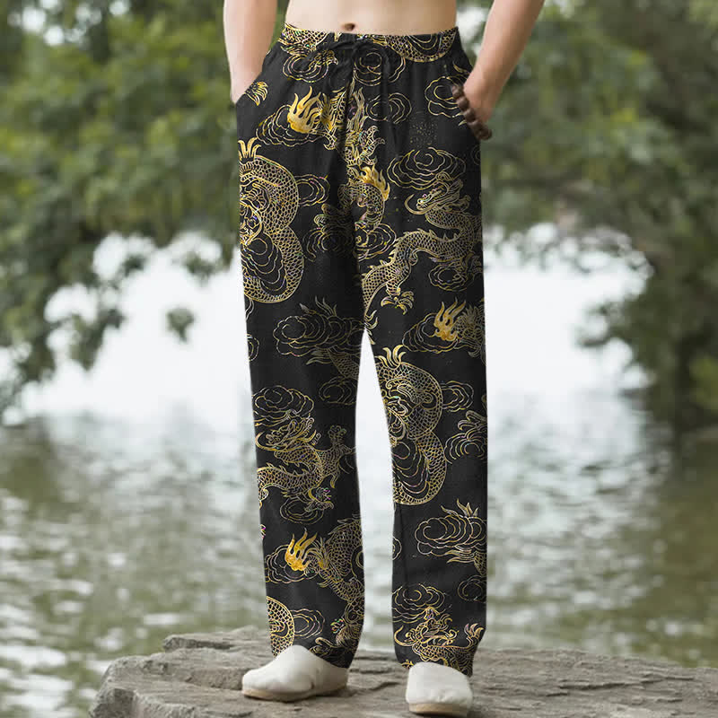 Buddha Stones Cotton Golden Dragon Cloud Pattern Men's Tapered Pants With Pockets - Black - US/UK/AU50，EU60 (5XL) - image 0