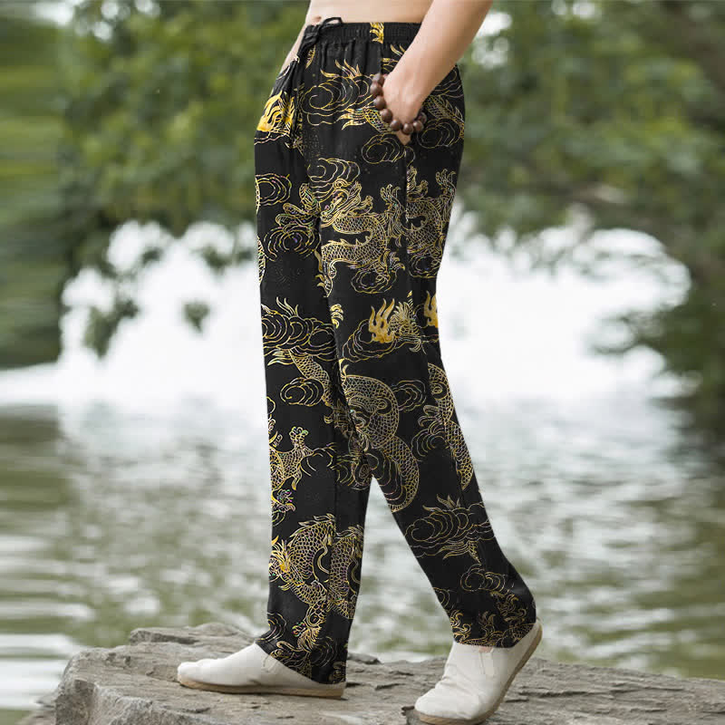 Buddha Stones Cotton Golden Dragon Cloud Pattern Men's Tapered Pants With Pockets - image 1