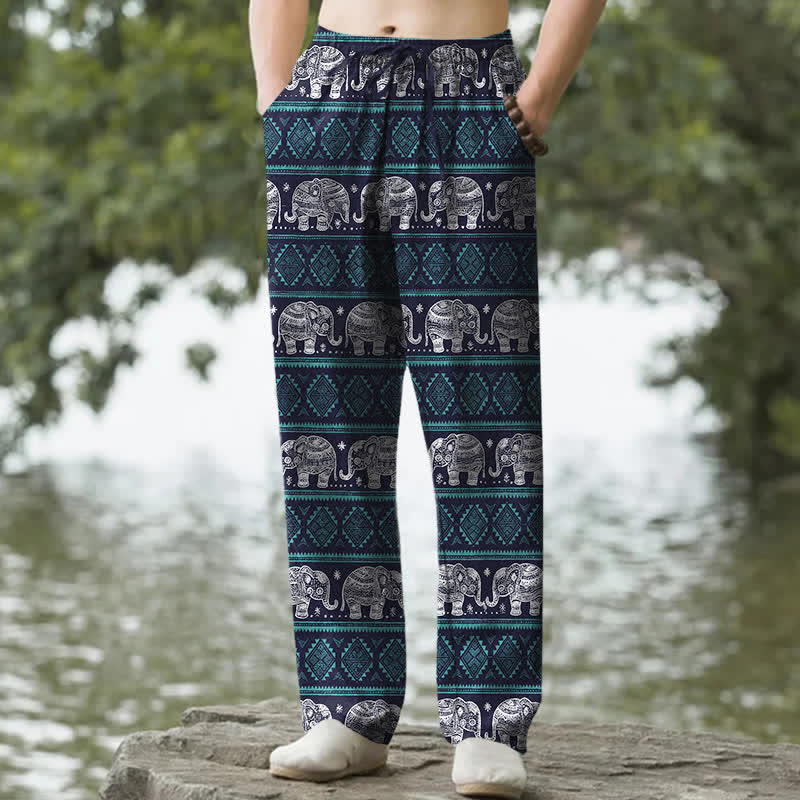 Buddha Stones Cotton Elephant Geometric Stripe Pattern Men's Tapered Pants With Pockets - Navy - US/UK/AU50，EU60 (5XL) - image 0