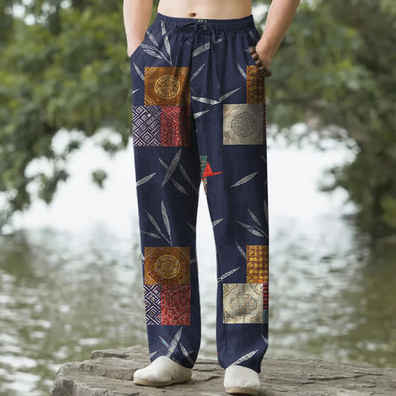 Buddha Stones Cotton Bohemian Patchwork Leaf Pattern Men's Tapered Pants With Pockets - Navy - US/UK/AU50，EU60 (5XL) - image 0