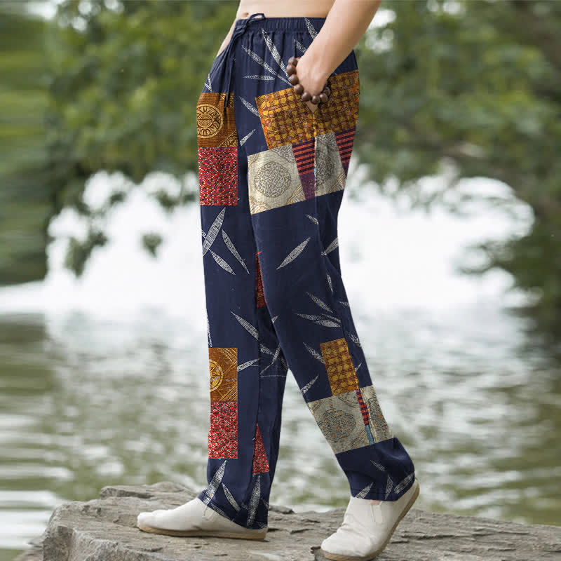 Buddha Stones Cotton Bohemian Patchwork Leaf Pattern Men's Tapered Pants With Pockets - image 1