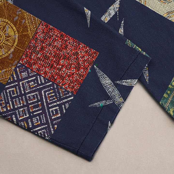 Buddha Stones Cotton Bohemian Patchwork Leaf Pattern Men's Tapered Pants With Pockets - image 2