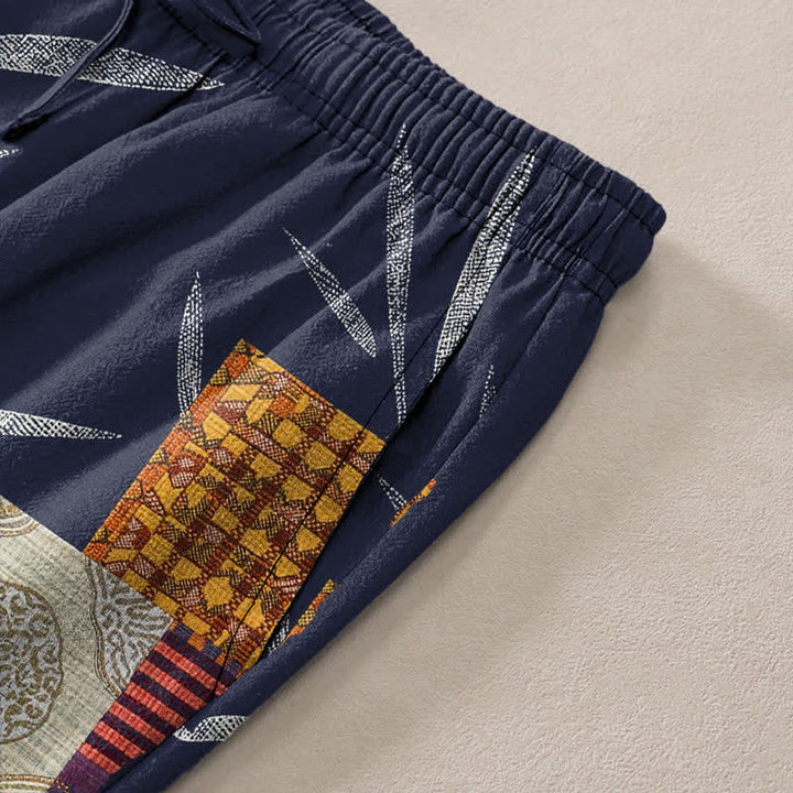 Buddha Stones Cotton Bohemian Patchwork Leaf Pattern Men's Tapered Pants With Pockets - image 3
