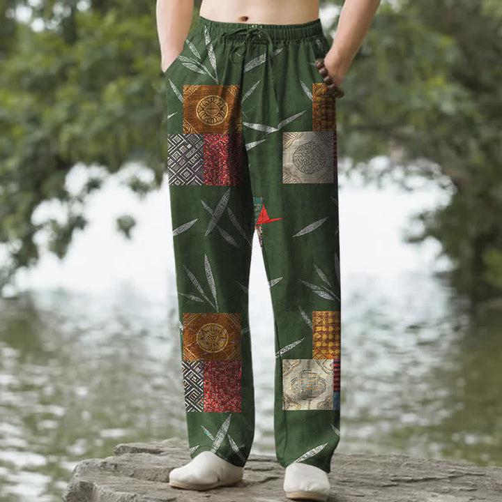 Buddha Stones Cotton Bohemian Patchwork Leaf Pattern Men's Tapered Pants With Pockets - ForestGreen - US/UK/AU50，EU60 (5XL) - image 4