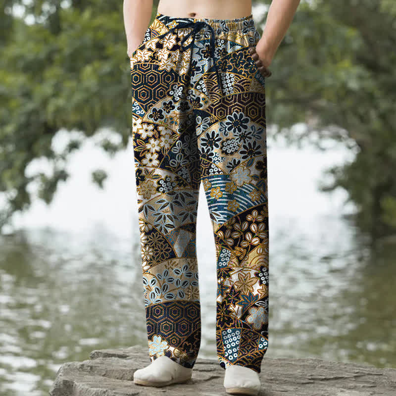 Buddha Stones Cotton Bohemian Patchwork Pattern Men's Tapered Pants With Pockets - Black - US/UK/AU50，EU60 (5XL) - image 0