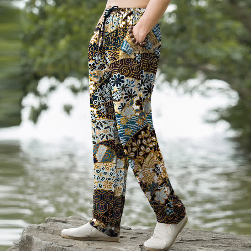 Buddha Stones Cotton Bohemian Patchwork Pattern Men's Tapered Pants With Pockets - image 1