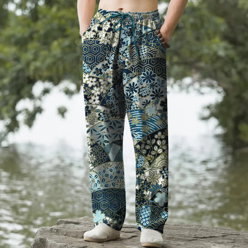 Buddha Stones Cotton Bohemian Patchwork Pattern Men's Tapered Pants With Pockets - Teal - US/UK/AU50，EU60 (5XL) - image 4