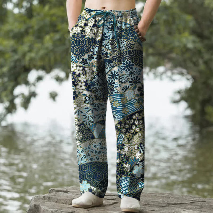 Buddha Stones Cotton Bohemian Patchwork Pattern Men's Tapered Pants With Pockets - Teal - US/UK/AU50，EU60 (5XL) - image 4