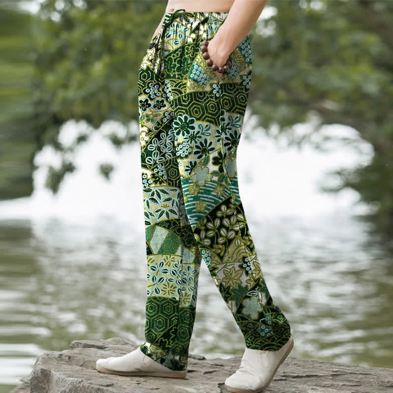 Buddha Stones Cotton Bohemian Patchwork Pattern Men's Tapered Pants With Pockets - image 7