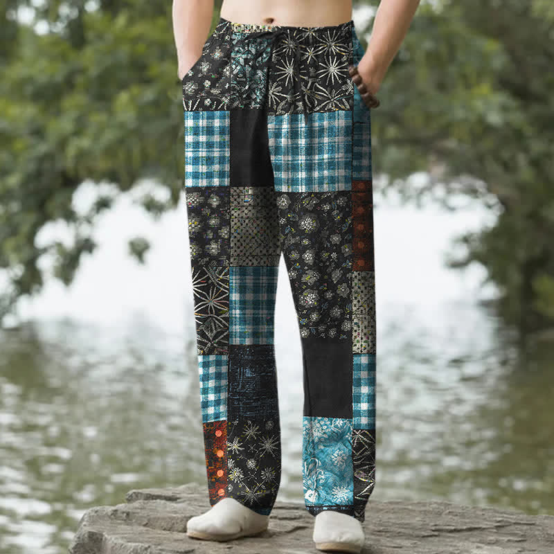 Buddha Stones Cotton Patchwork Floral Pattern Men's Tapered Pants With Pockets - Black - US/UK/AU50，EU60 (5XL) - image 4