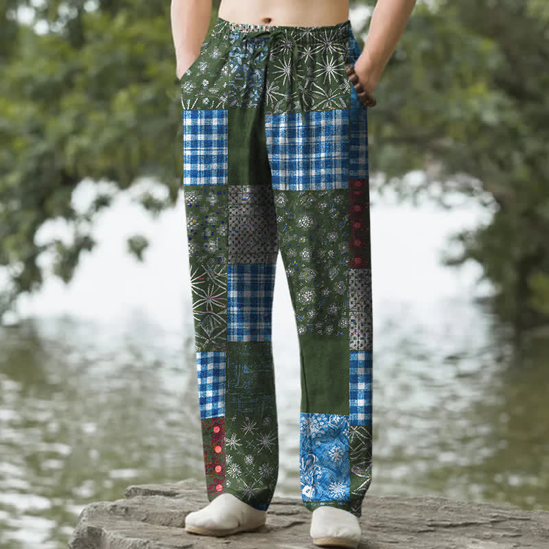 Buddha Stones Cotton Patchwork Floral Pattern Men's Tapered Pants With Pockets - ForestGreen - US/UK/AU50，EU60 (5XL) - image 6