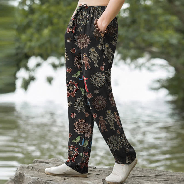 Buddha Stones Cotton Bohemian Sun Figure Pattern Men's Tapered Pants With Pockets - image 1