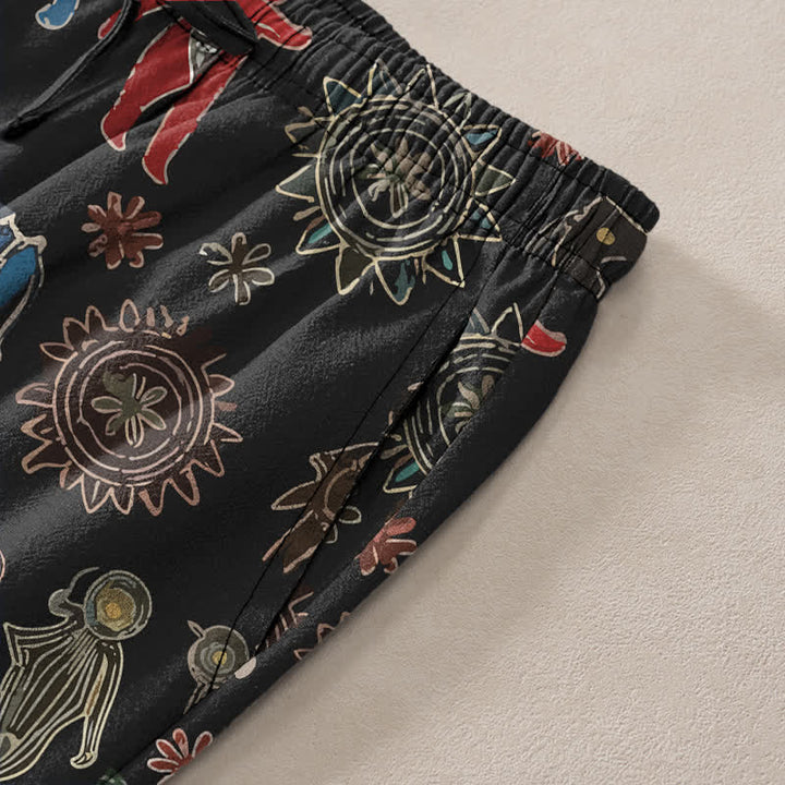 Buddha Stones Cotton Bohemian Sun Figure Pattern Men's Tapered Pants With Pockets - image 3