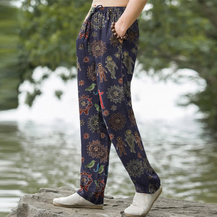 Buddha Stones Cotton Bohemian Sun Figure Pattern Men's Tapered Pants With Pockets - image 5