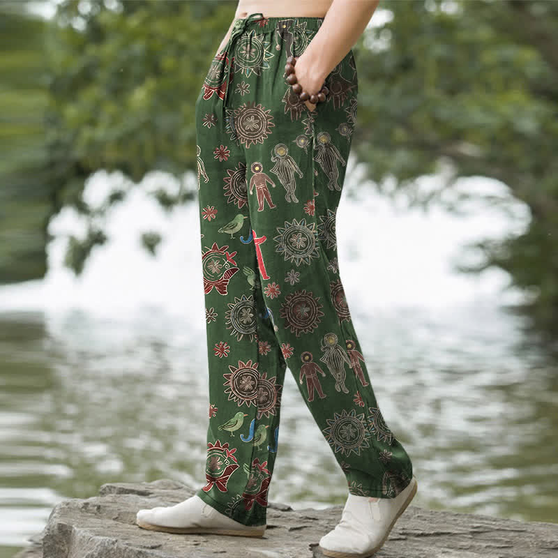 Buddha Stones Cotton Bohemian Sun Figure Pattern Men's Tapered Pants With Pockets - image 7