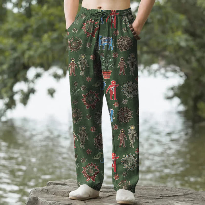 Buddha Stones Cotton Bohemian Sun Figure Pattern Men's Tapered Pants With Pockets - ForestGreen - US/UK/AU50，EU60 (5XL) - image 6