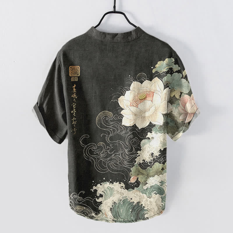 Buddha Stones Cotton Lotus Wave Pattern Men's Short Sleeve Half Button Shirt - image 1