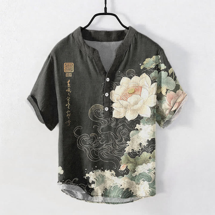 Buddha Stones Cotton Lotus Wave Pattern Men's Short Sleeve Half Button Shirt - DimGray - US/UK/AU50，EU60 (5XL) - image 0
