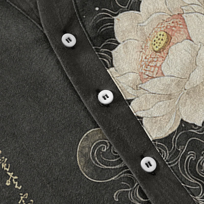 Buddha Stones Cotton Lotus Wave Pattern Men's Short Sleeve Half Button Shirt - image 3